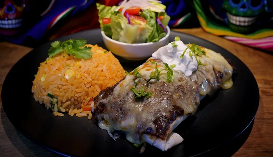 A vegetarian burrito with Mexican rice and salad