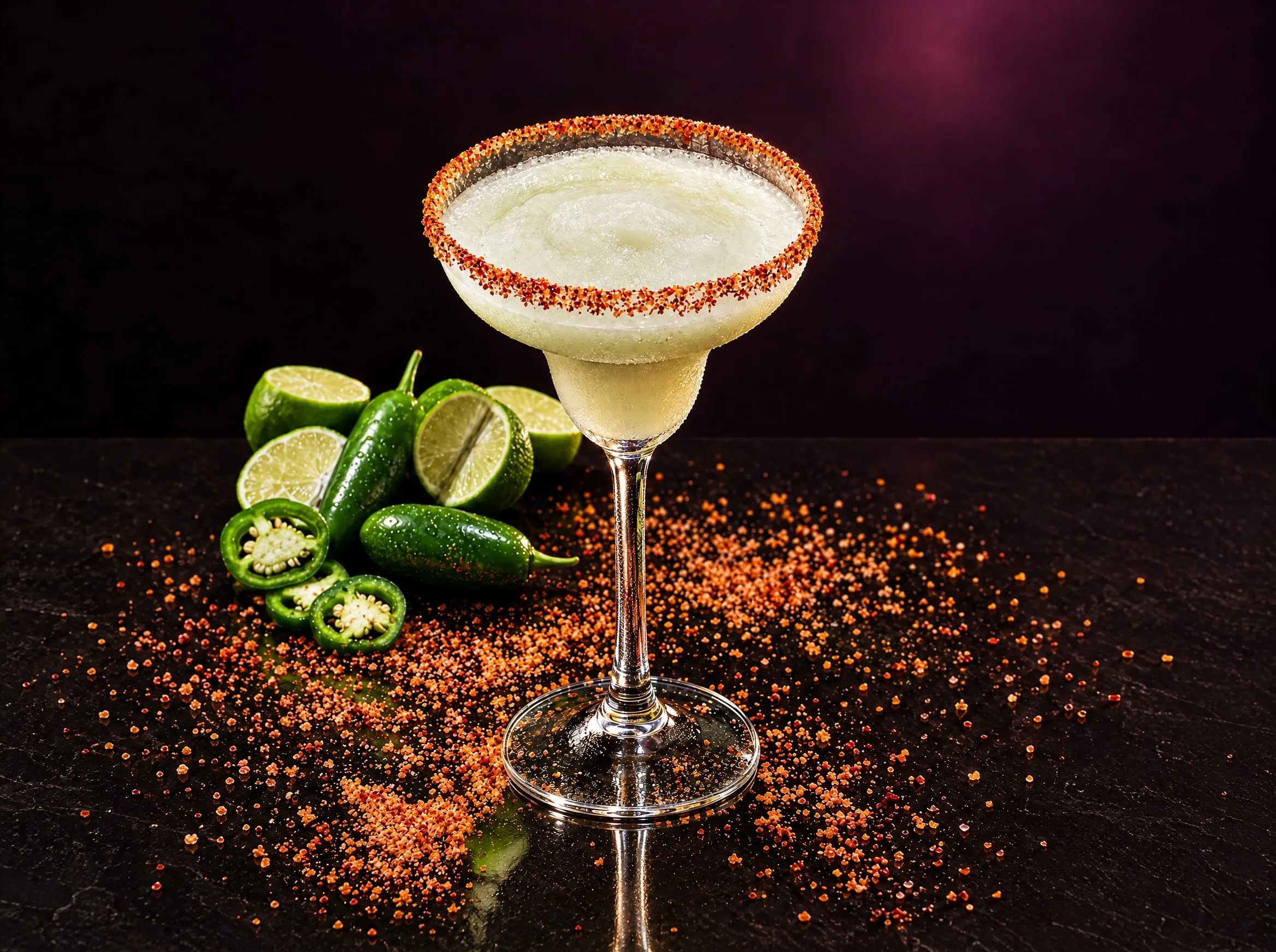 Jalapeño Margarita with a chilli-salt rim, fresh jalapeños and lime