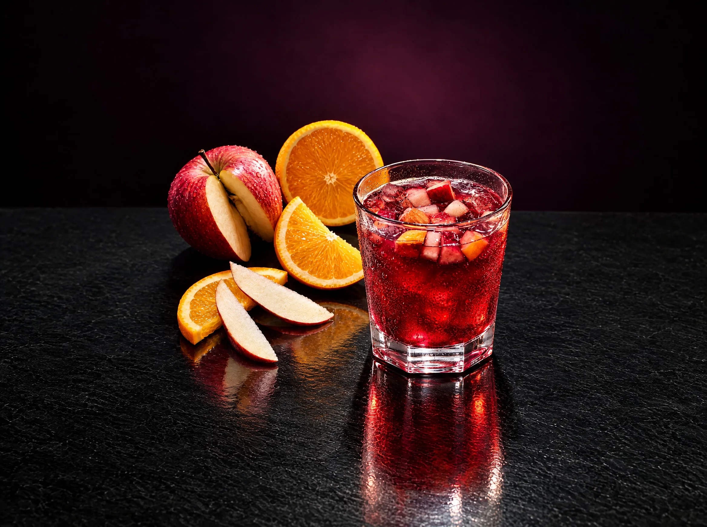 Glass of sangria with diced fruit, apple and orange